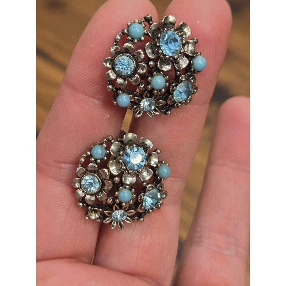Vtg Lisner Earrings Signed Screw Back Blue Rhinestone Faux Pearl As Is - Picture 2 of 11